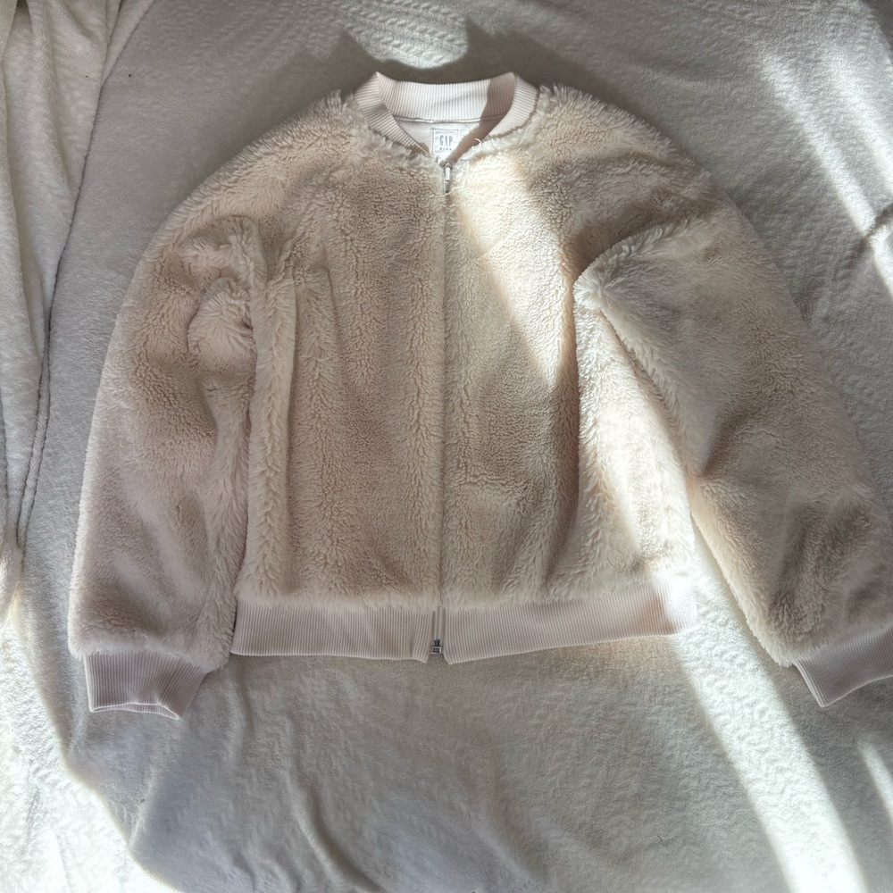GAP Kids Cream Fuzzy Teddy Bomber Jacket Size 10 - Picture 2 of 5